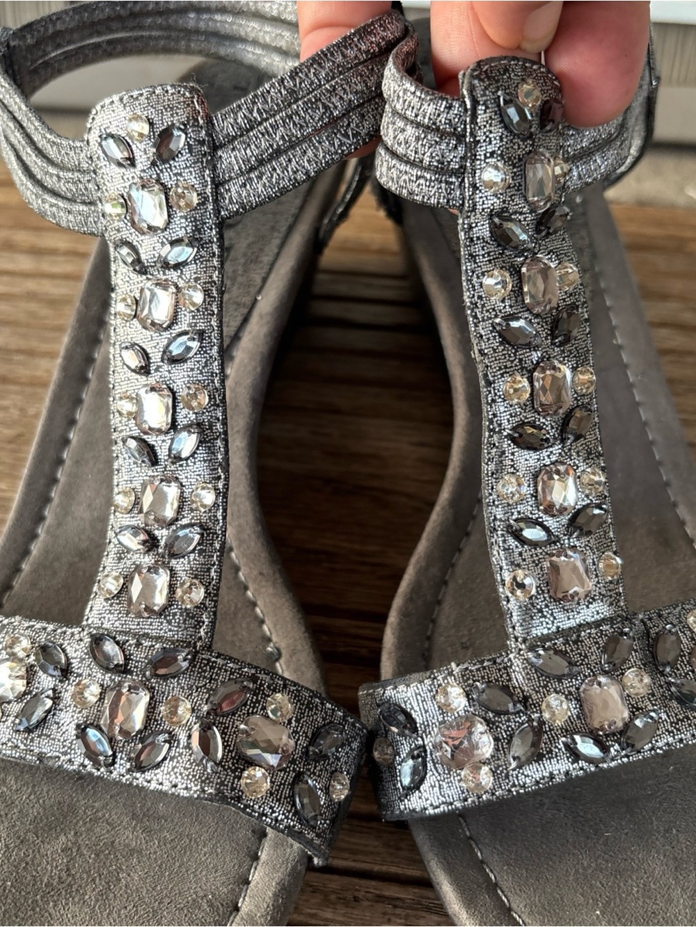 New York Transit Pewter/ Silver Jeweled T-Strap Wedge Sandals *Read